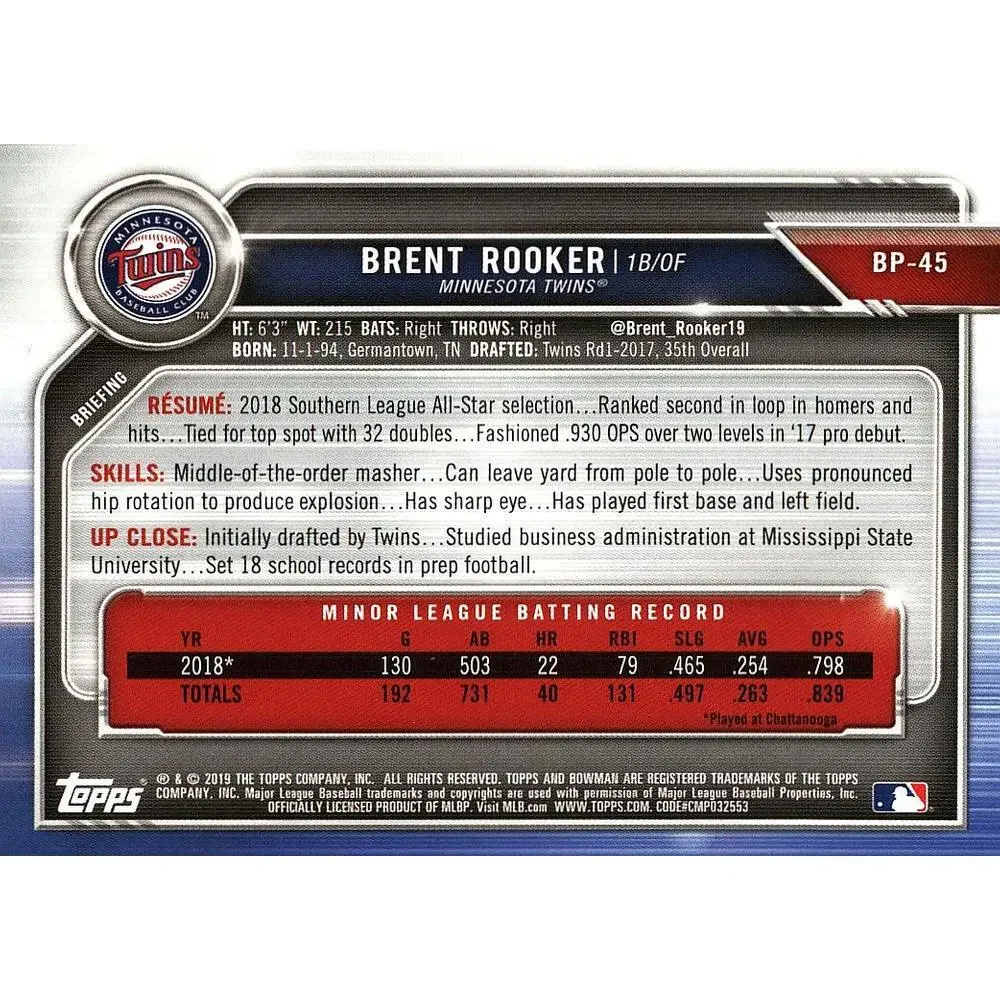 2019 Bowman Prospects Brent Rooker #BP-45 Minnesota Twins